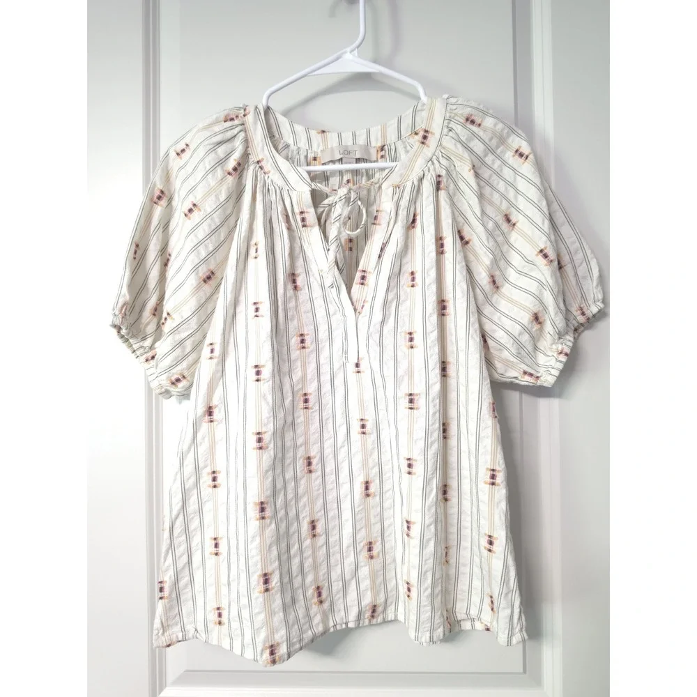 LOFT Women's White Striped Round Neck Tie Puff Short Sleeve Blouse Size XS